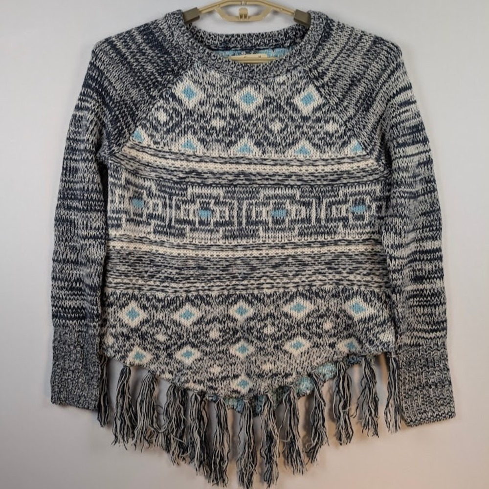 Hollister Fringe Sweater Womens M Blue Aztec Southwestern Boho Festival Acrylic